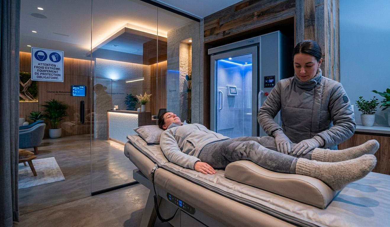 Femme recevant un massage drainant au niveau des jambes, dans une ambiance sereine.